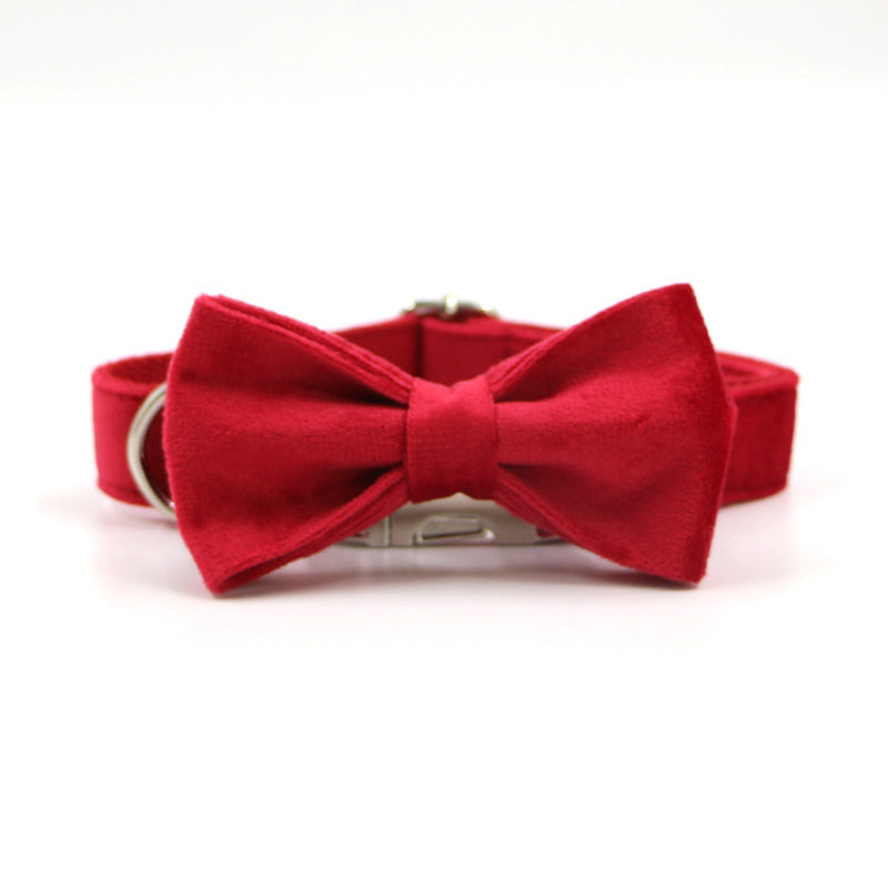 Red Thick Velvet Gold Buckle Pet Collar Leash Bowknot Christmas Pet Supplies