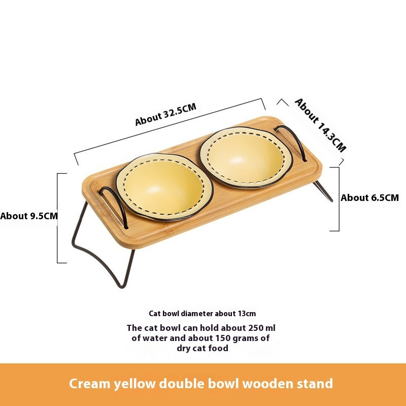 Pet Wooden Rack Multi-functional Ceramic Cat Bowl Anti-tumble Water Feeding Oblique Mouth Easy To Clean