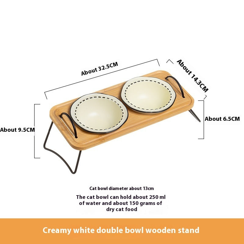 Pet Wooden Rack Multi-functional Ceramic Cat Bowl Anti-tumble Water Feeding Oblique Mouth Easy To Clean