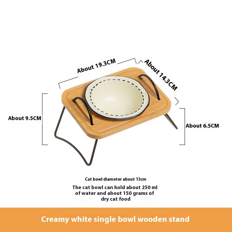 Pet Wooden Rack Multi-functional Ceramic Cat Bowl Anti-tumble Water Feeding Oblique Mouth Easy To Clean