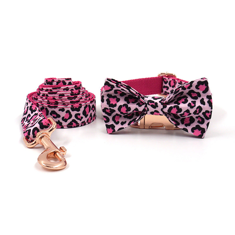 Leopard Print Rose Gold Pet Collar Leash Bow
